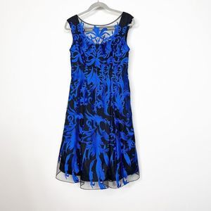 Aidan Mattox Blue Black Fit and Flare Embroidered Mesh Midi Cocktail Dress Soze